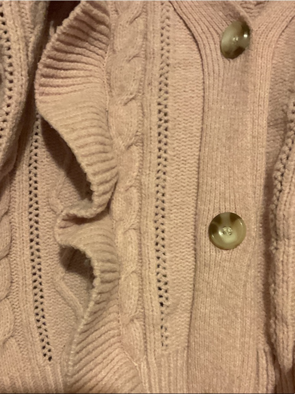 Pink Ruffled Cable-Knit Cardigan Sweater - Picture 3 of 4